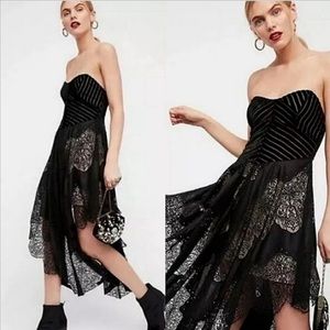 Free People Dark Fairy lace and velvet dress with asymmetrical hem line EUC sz 6